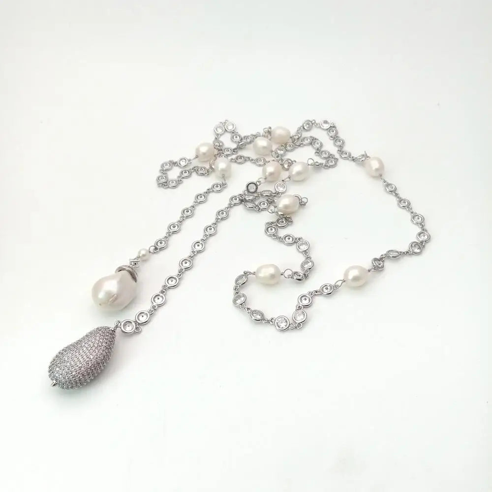 49" White Keshi Pearl  cubic zirconia Chain silver