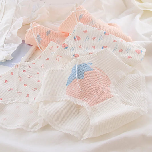 5pc Teen Girl Cotton Strawberry Middle Waist Panties