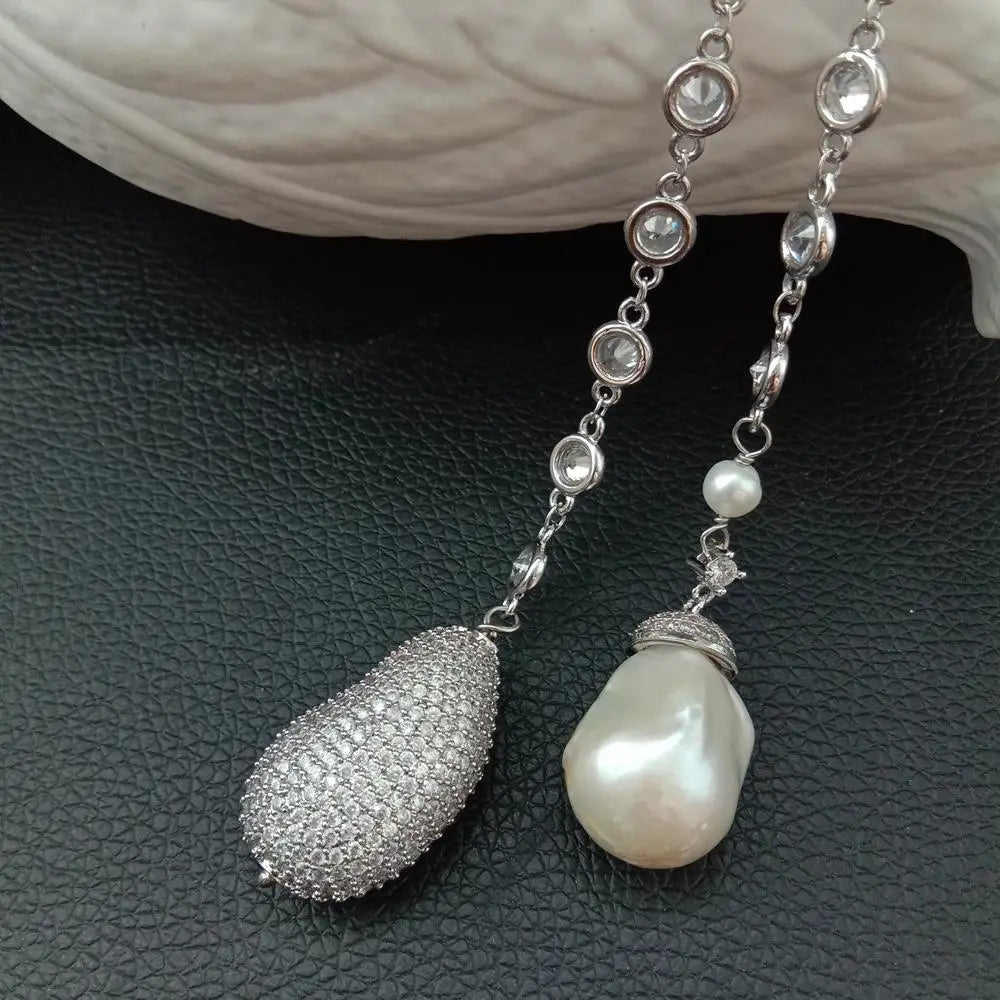 49" White Keshi Pearl  cubic zirconia Chain silver
