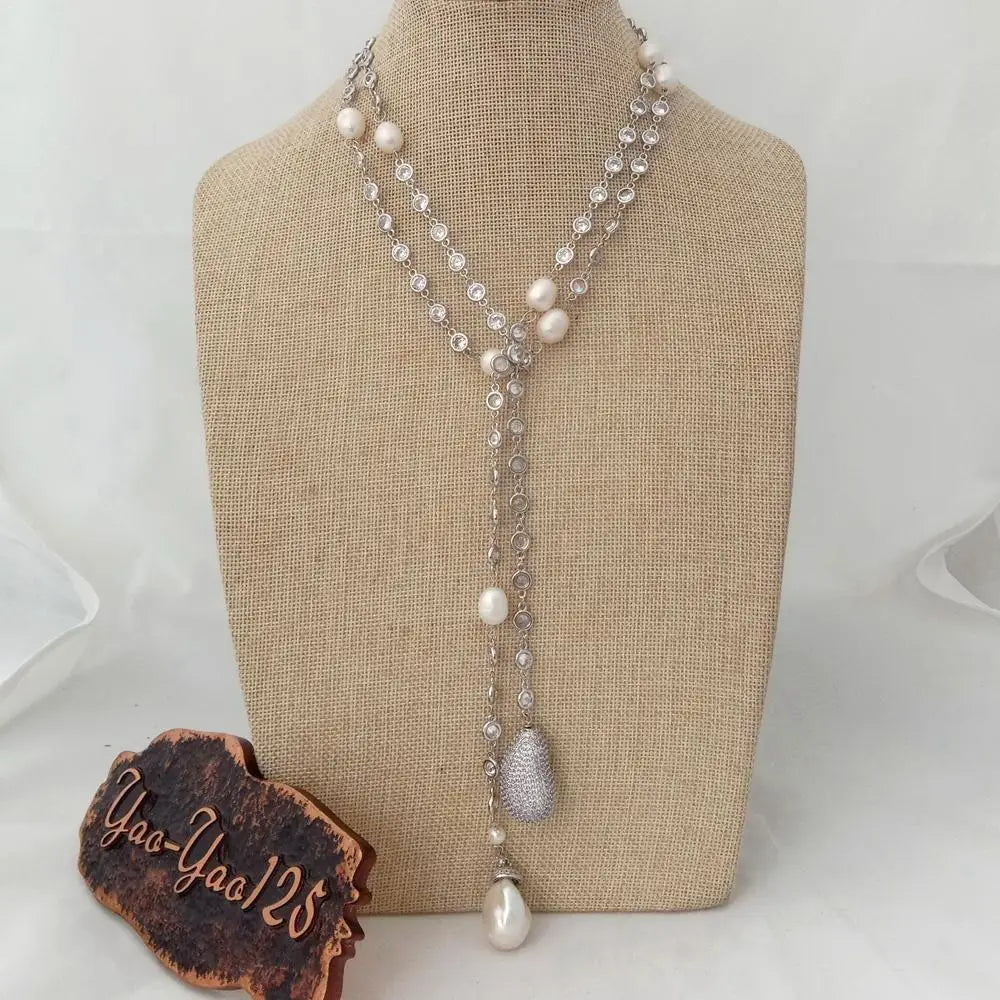 49" White Keshi Pearl  cubic zirconia Chain silver