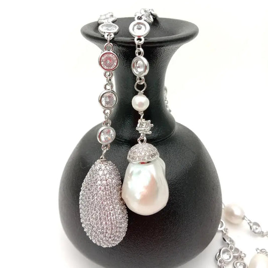 49" White Keshi Pearl  cubic zirconia Chain silver