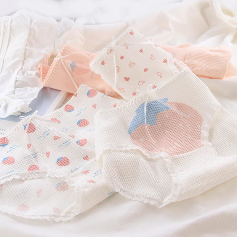 5pc Teen Girl Cotton Strawberry Middle Waist Panties