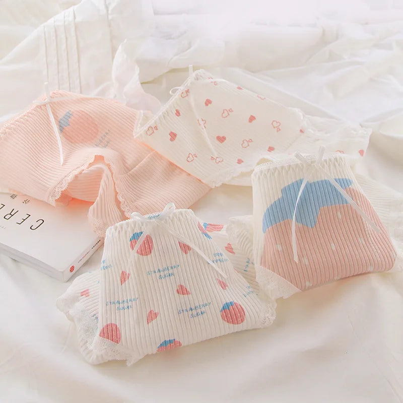 5pc Teen Girl Cotton Strawberry Middle Waist Panties