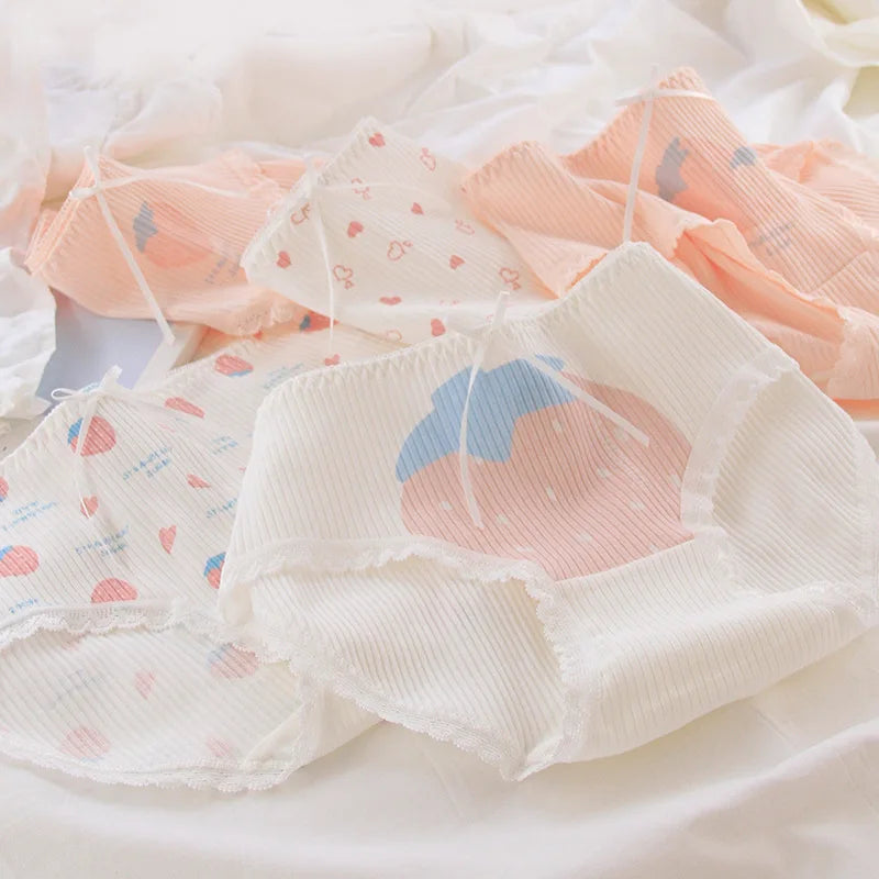 5pc Teen Girl Cotton Strawberry Middle Waist Panties