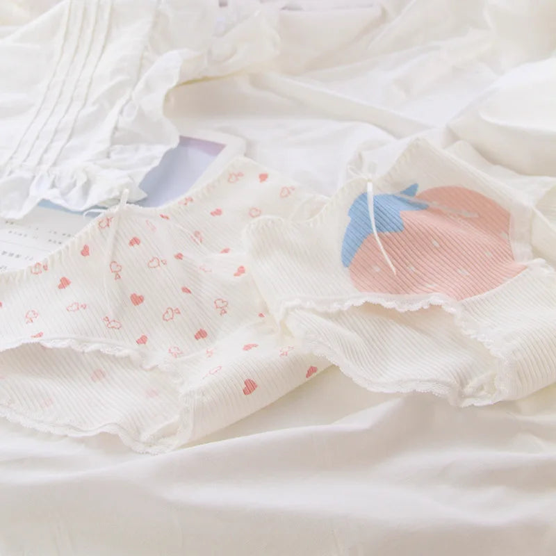 5pc Teen Girl Cotton Strawberry Middle Waist Panties