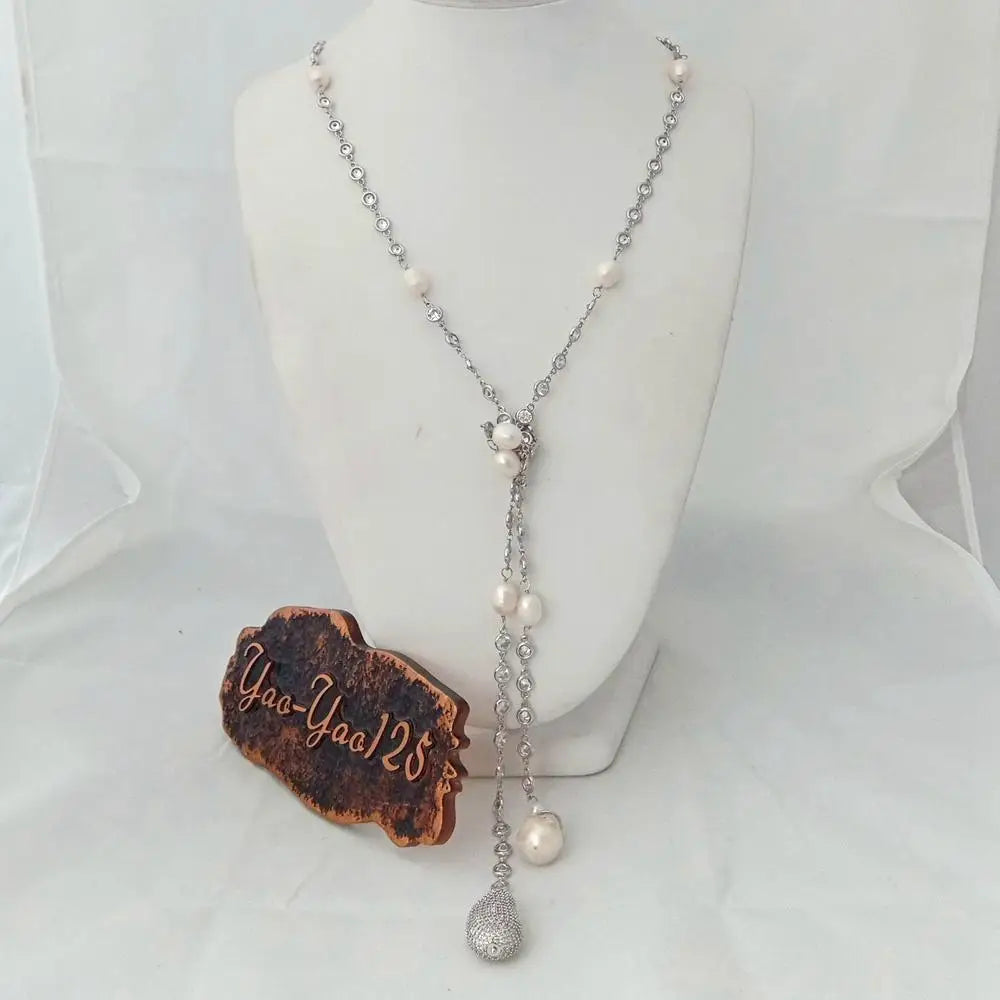 49" White Keshi Pearl  cubic zirconia Chain silver