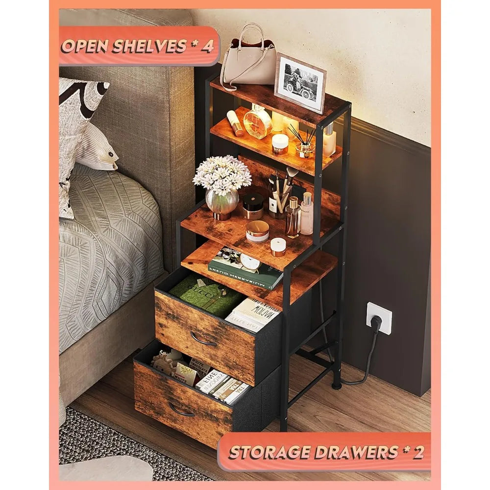 2 Nightstands with Charging Station 2 Drawers