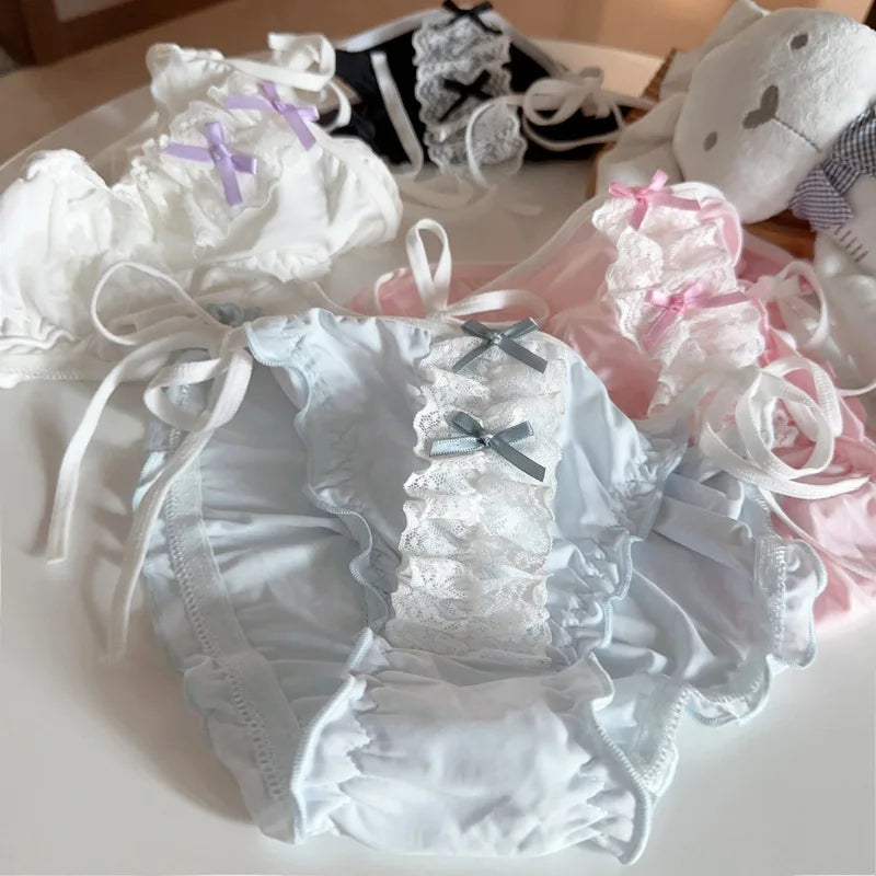 4 Pcs Young Girl Middle Waist  Lace Briefs Underwear Teenage