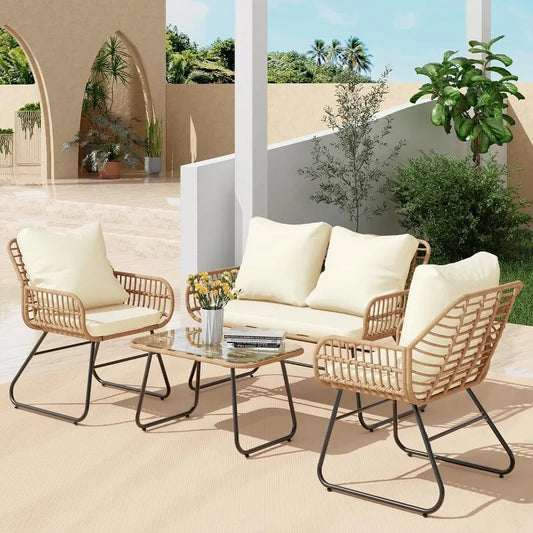 4-Piece Patio Furniture Set with Cushions & Tempered Glass Table