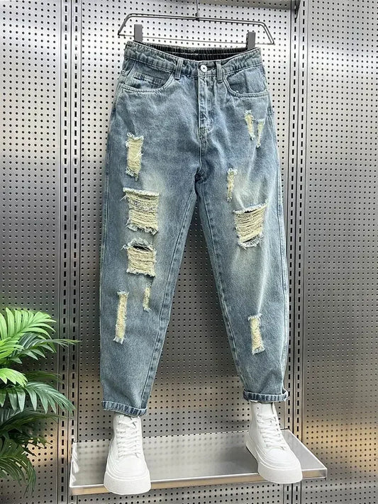 Men's Jeans Torn Broken Ripped Cowboy Pants