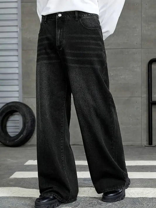 Men'S Loose Fit Black Denim Wide Leg Jeans