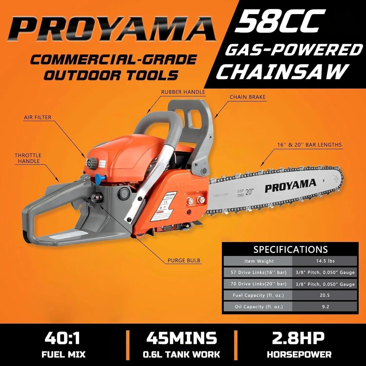 2-Cycle Gas Powered Chainsaw, 16-Inch, 20-Inch