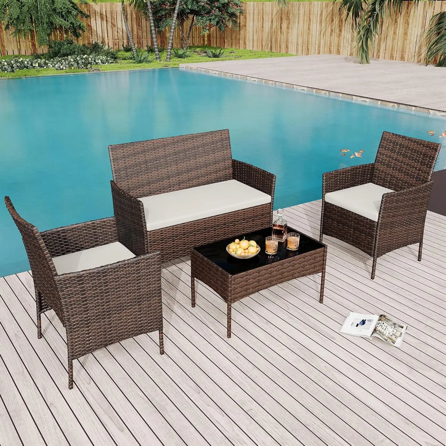 4-Piece Pe Rattan Patio With Glass Top Table & Cushions