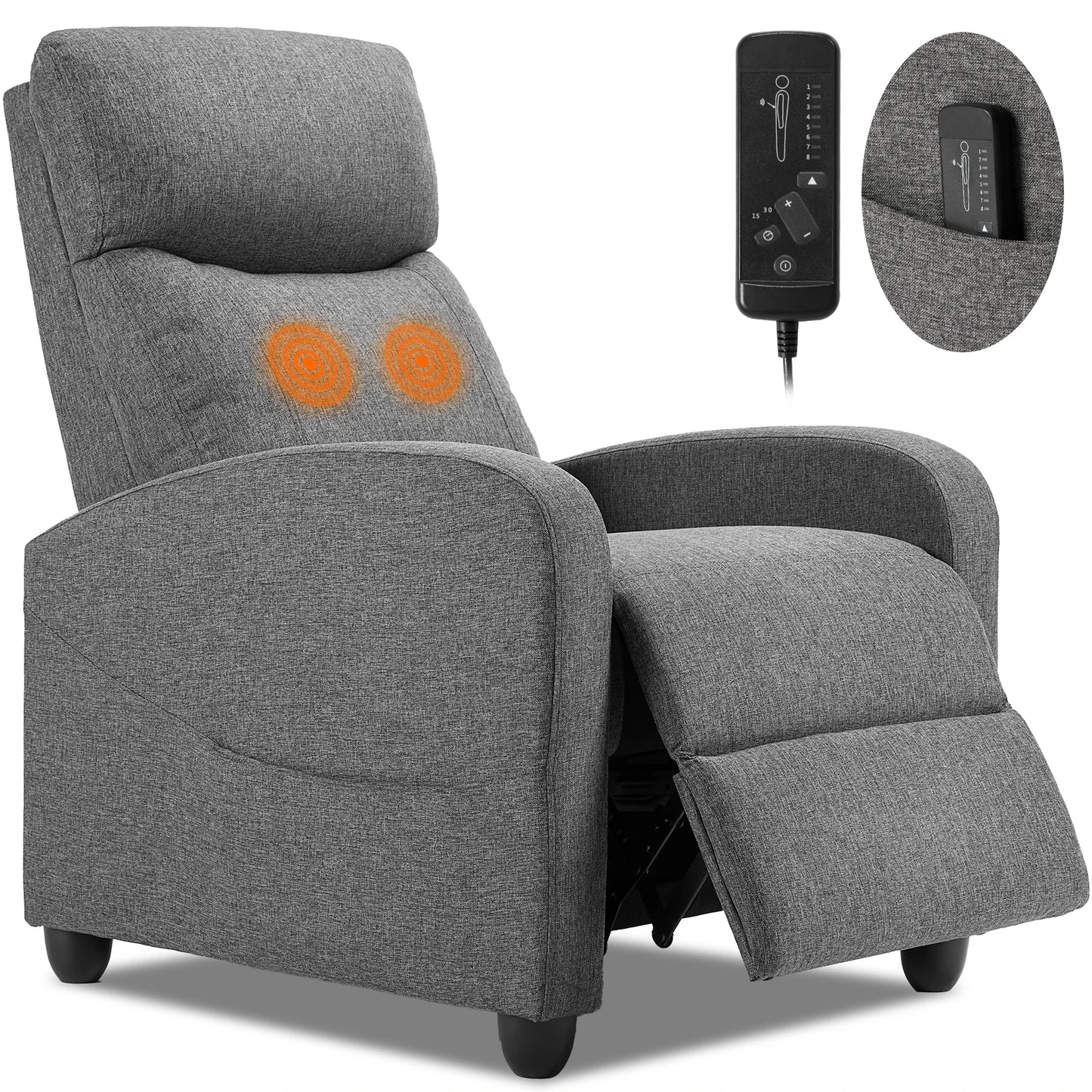 Recliner Chair, Massage, Fabric Adjustable Modern Padded