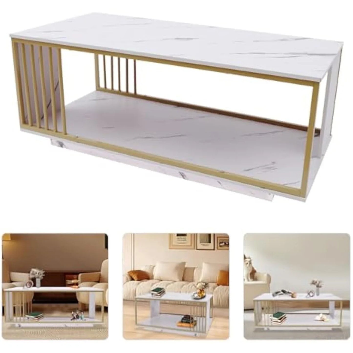 Modern White Marble Veneer Coffee Table, 2 Tier