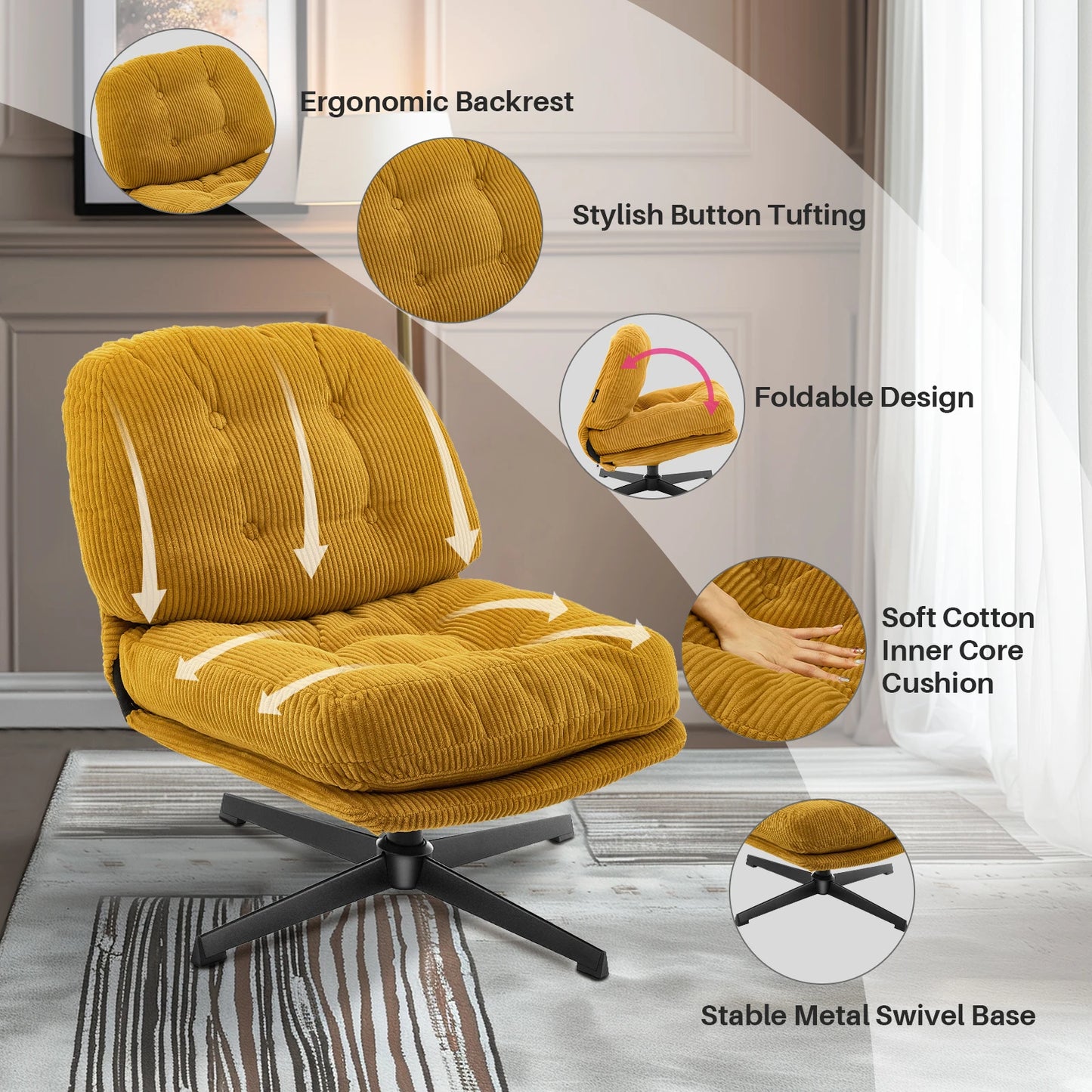 Redlife Modern Foldable Accent Swivel Tufted Chair