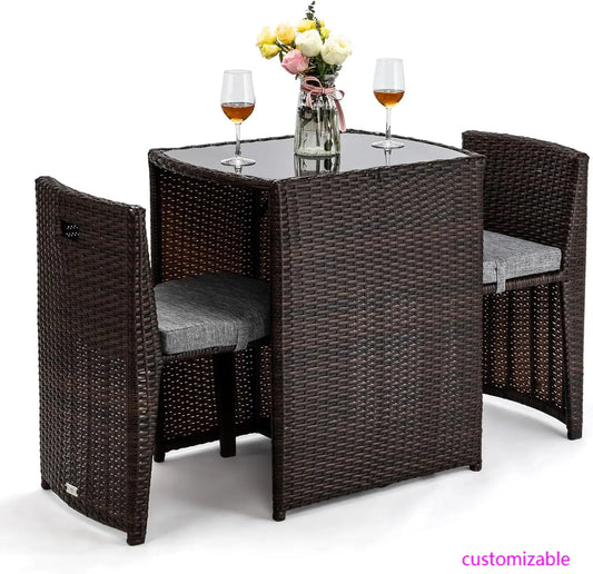 3 PCS Wicker Outdoor Patio Bistro Set Glass Top