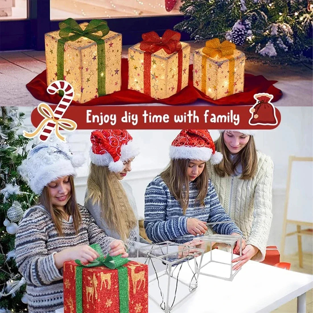 3Pcs Christmas Gift Box Decoration with Glowing Bow