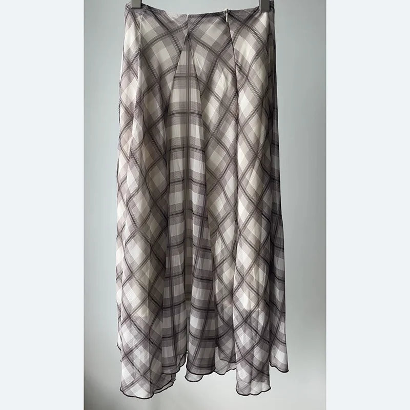 Flowing Check Midi Retro Long Skirt Seaside