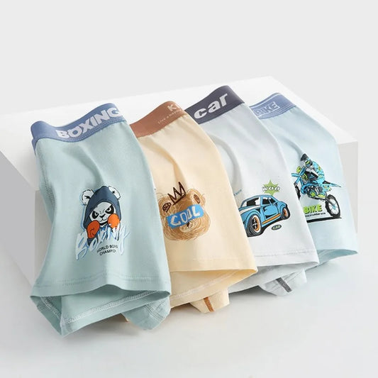 4PCS Teen Boys Cotton Antibacterial Underwear Cartoon Breathable