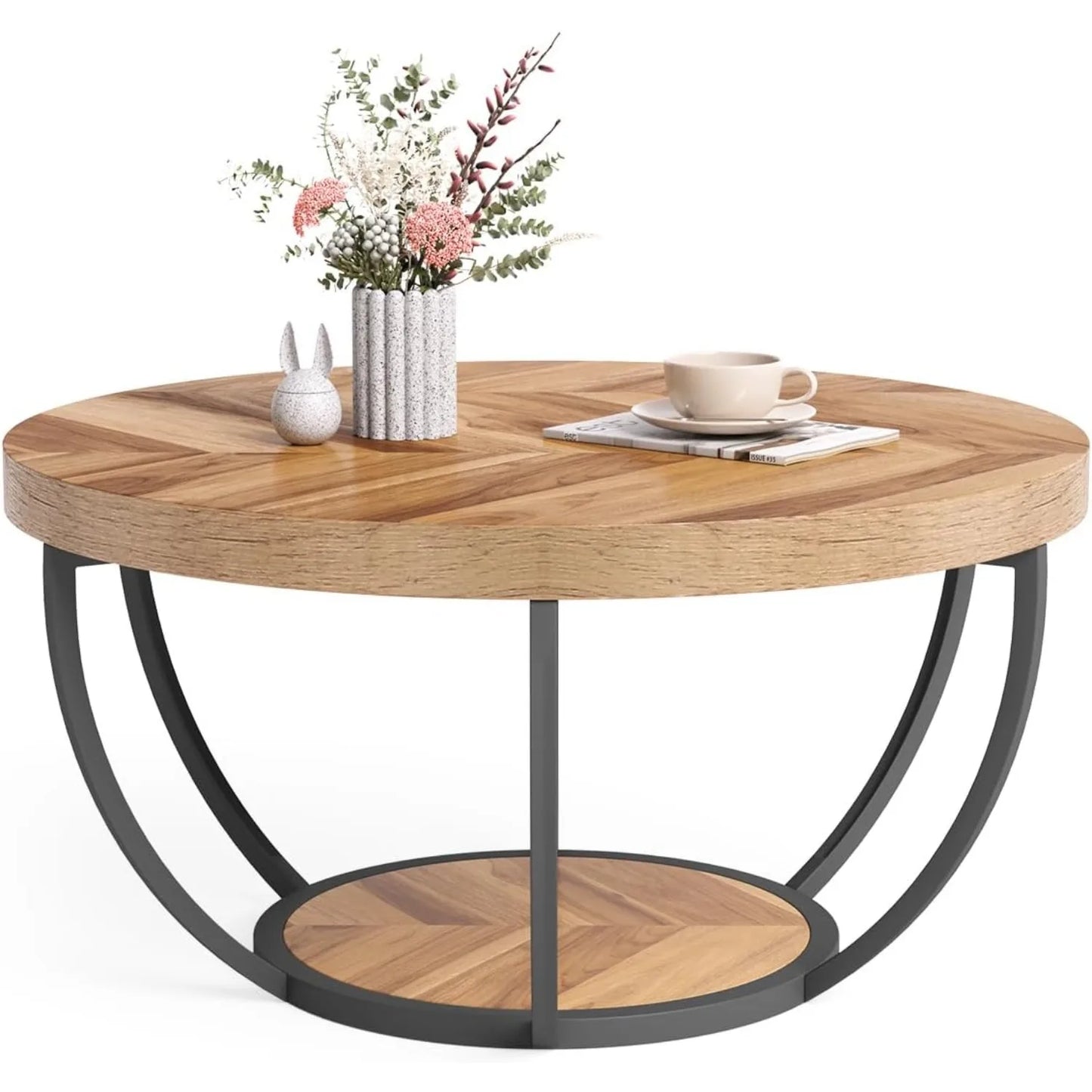 32" Circle Coffee Table for Living Room, 2-Tier
