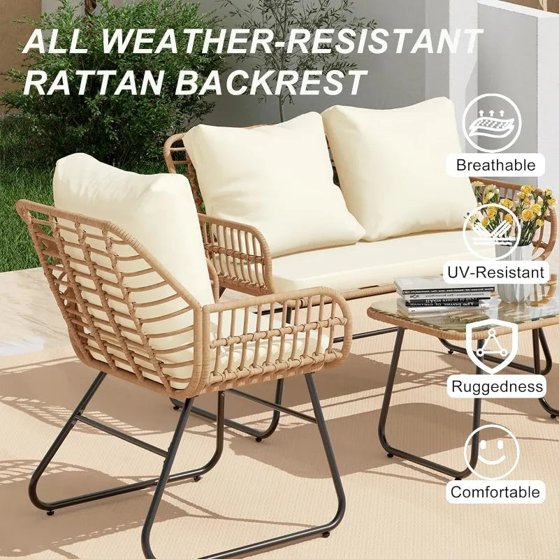 4-Piece Patio Furniture Set with Cushions & Tempered Glass Table