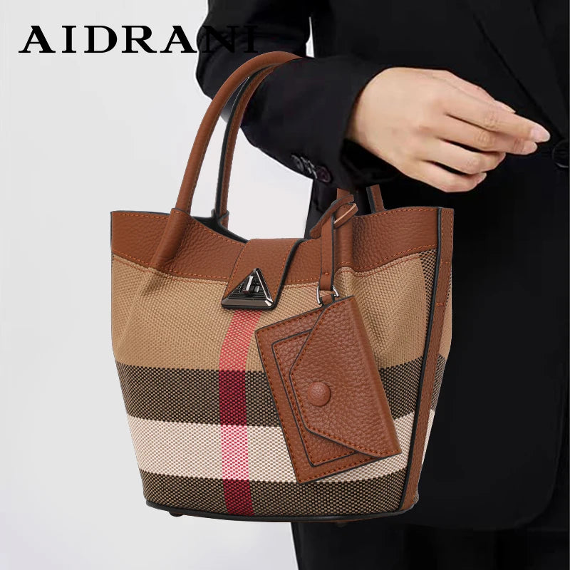 Genuine Leather Canvas Bag Plaid Pattern Women's