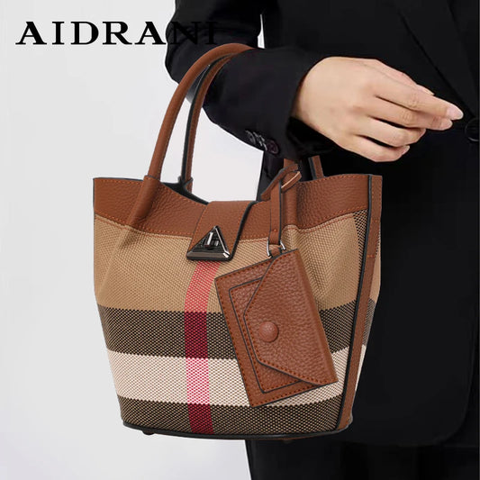 Genuine Leather Canvas Bag Plaid Pattern Women's