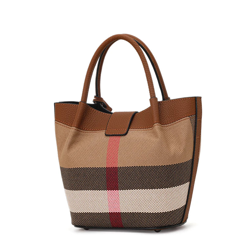 Genuine Leather Canvas Bag Plaid Pattern Women's