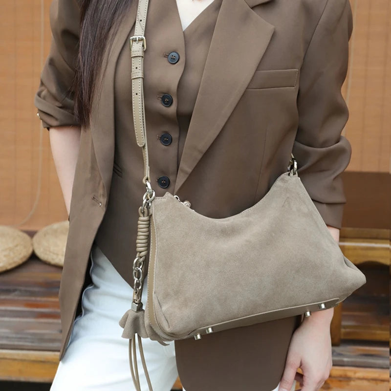 Suede Genuine Leather Crescent Shoulder Bags For Women
