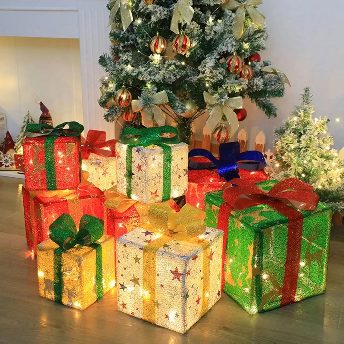 3Pcs Christmas Gift Box Decoration with Glowing Bow