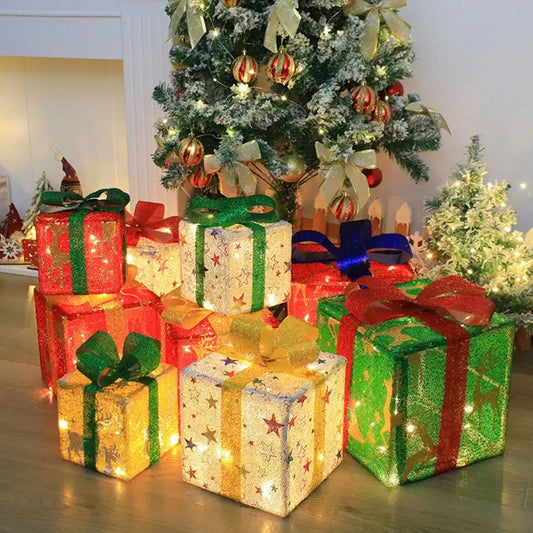 3Pcs Christmas Gift Box Decoration with Glowing Bow