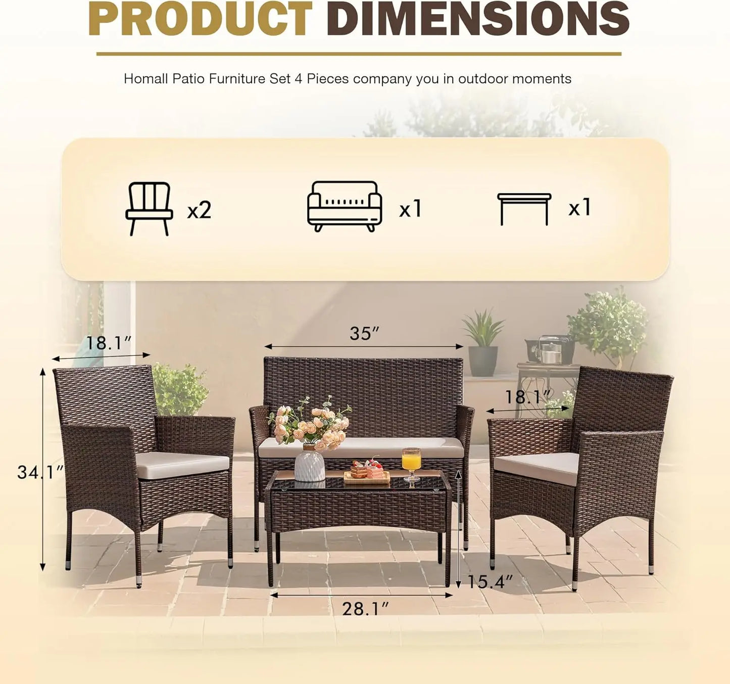 4 Pcs Rattan Chair Wicker Set, Outdoor/Indoor Use