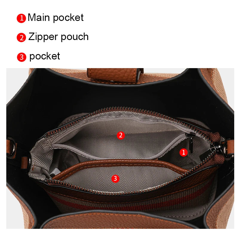 Genuine Leather Canvas Bag Plaid Pattern Women's