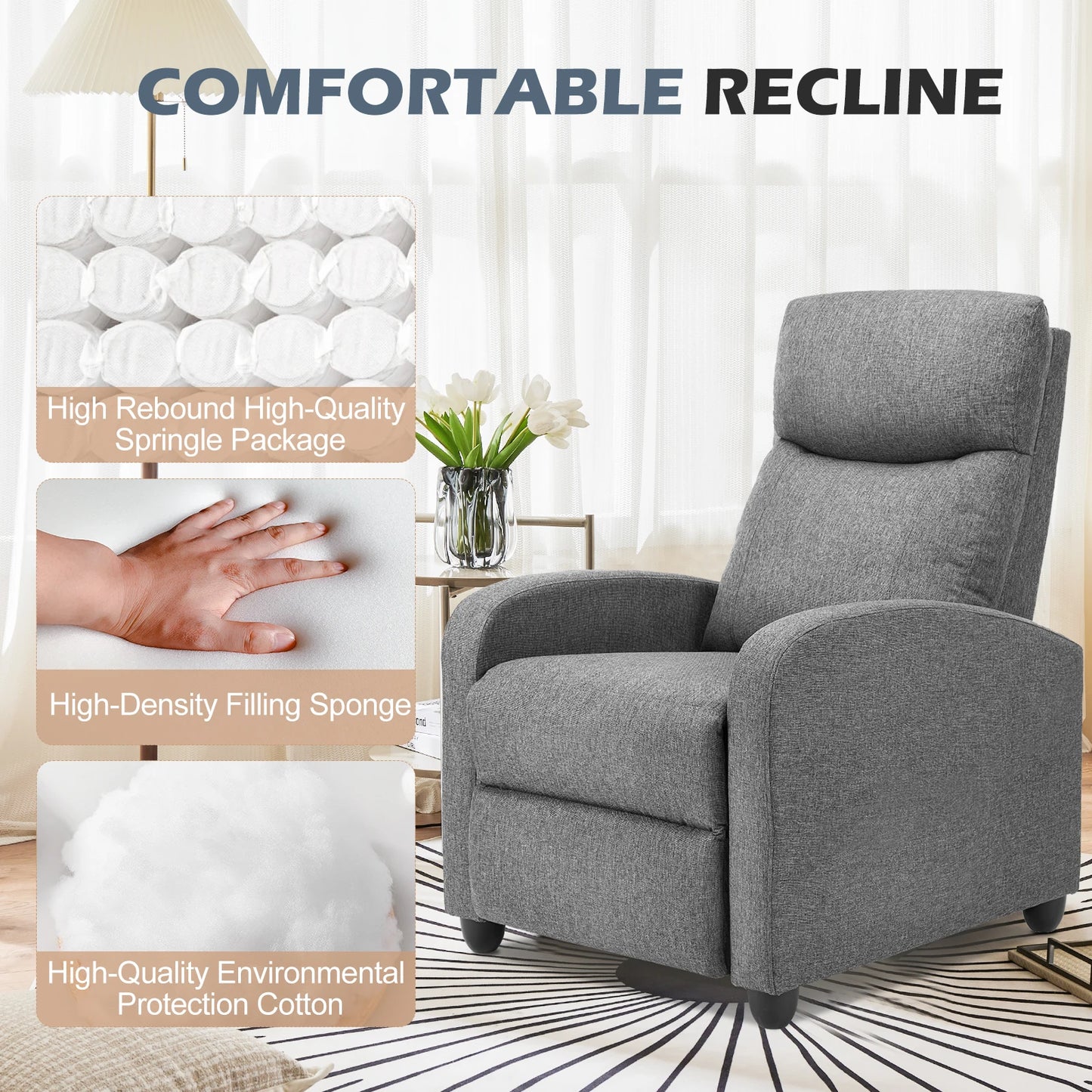 Recliner Chair, Massage, Fabric Adjustable Modern Padded