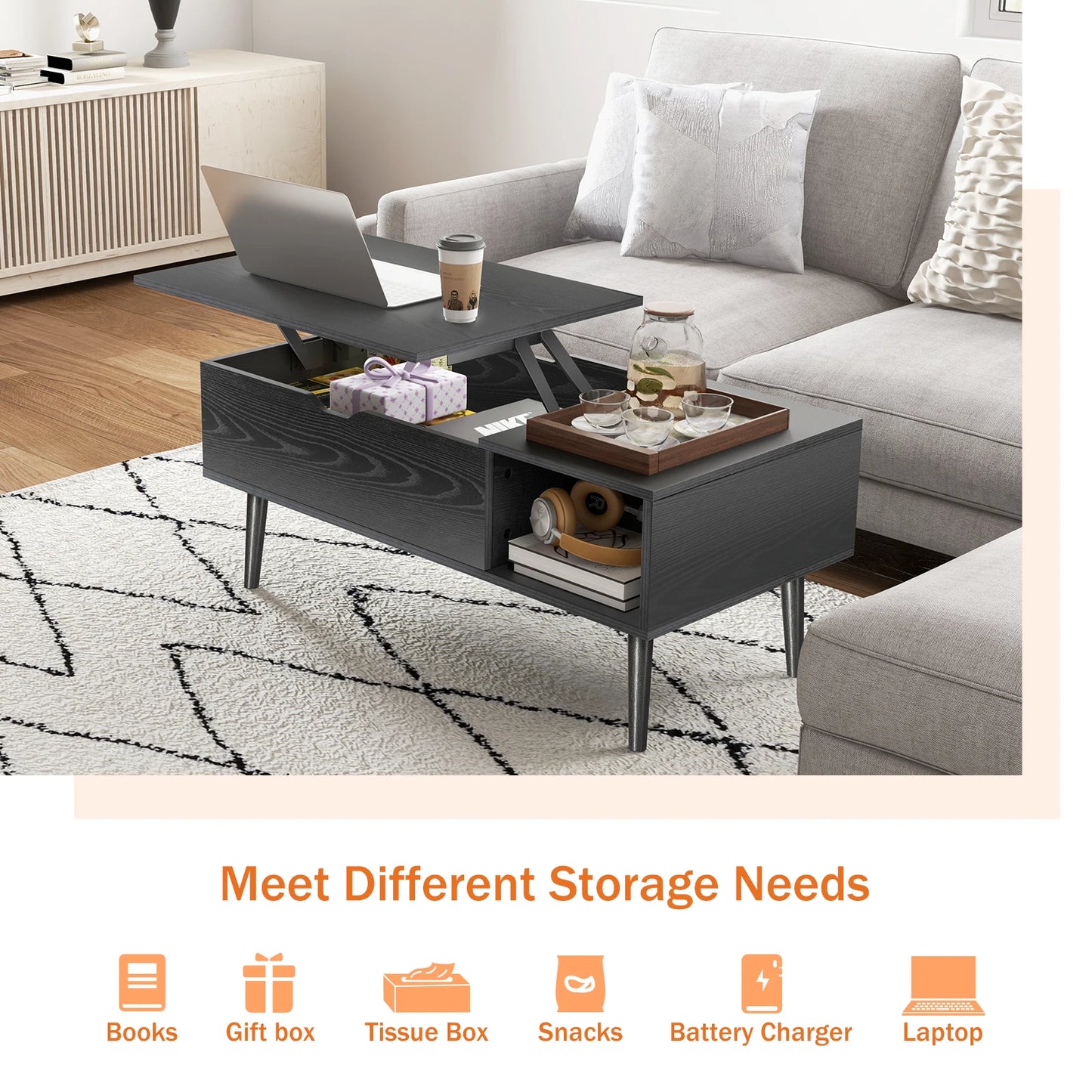 JHK Lift Top Coffee Tables Wood Adjustable Storage