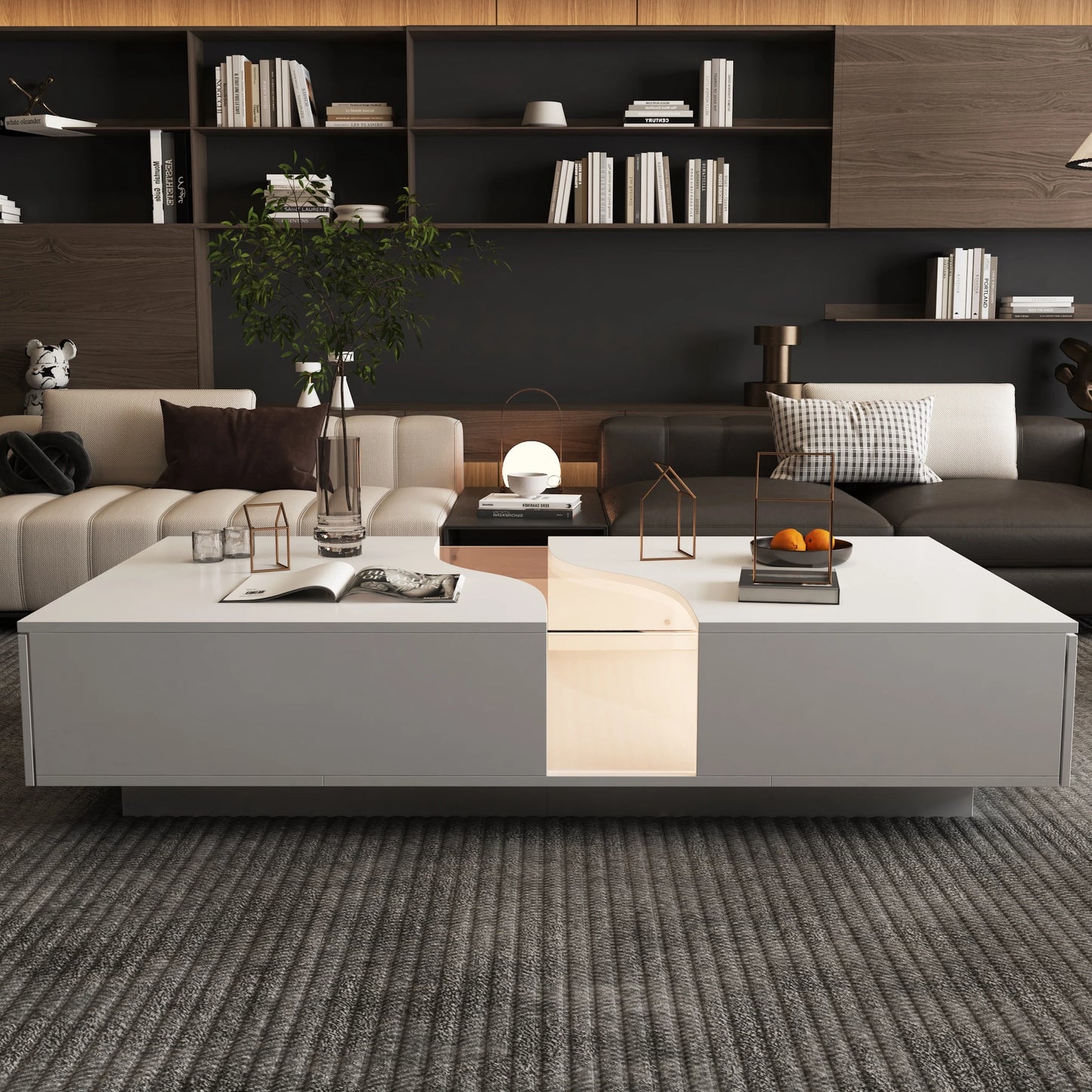 Wide Modern Coffee Table 2 Drawers LED Lights