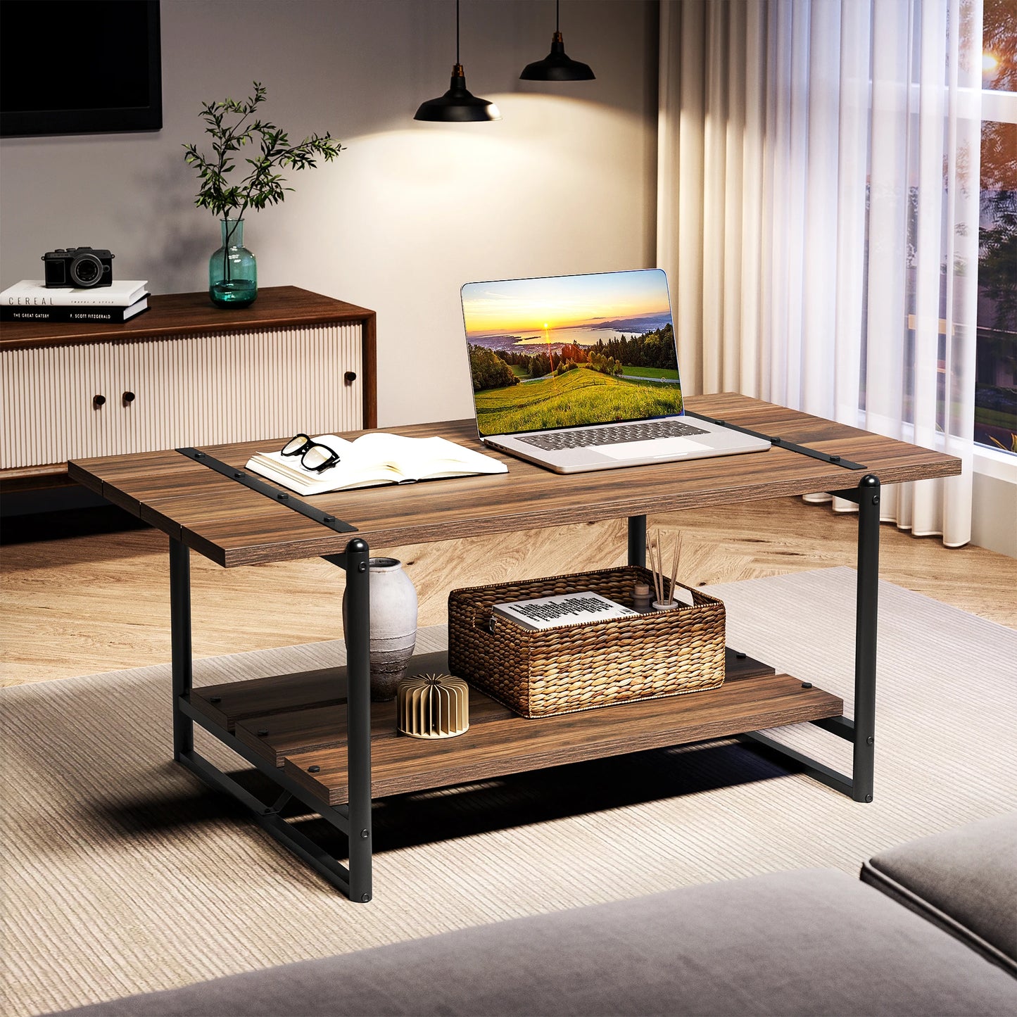2-Tier Wood Farmhouse Coffee Table with Storage Shelf