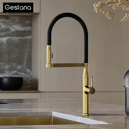 Luxury Brushed Gold Brass Pull Out Kitchen Faucet