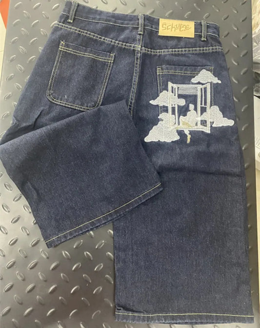 Clouds Pattern Pocket Embroidery Denim Baggy Shorts