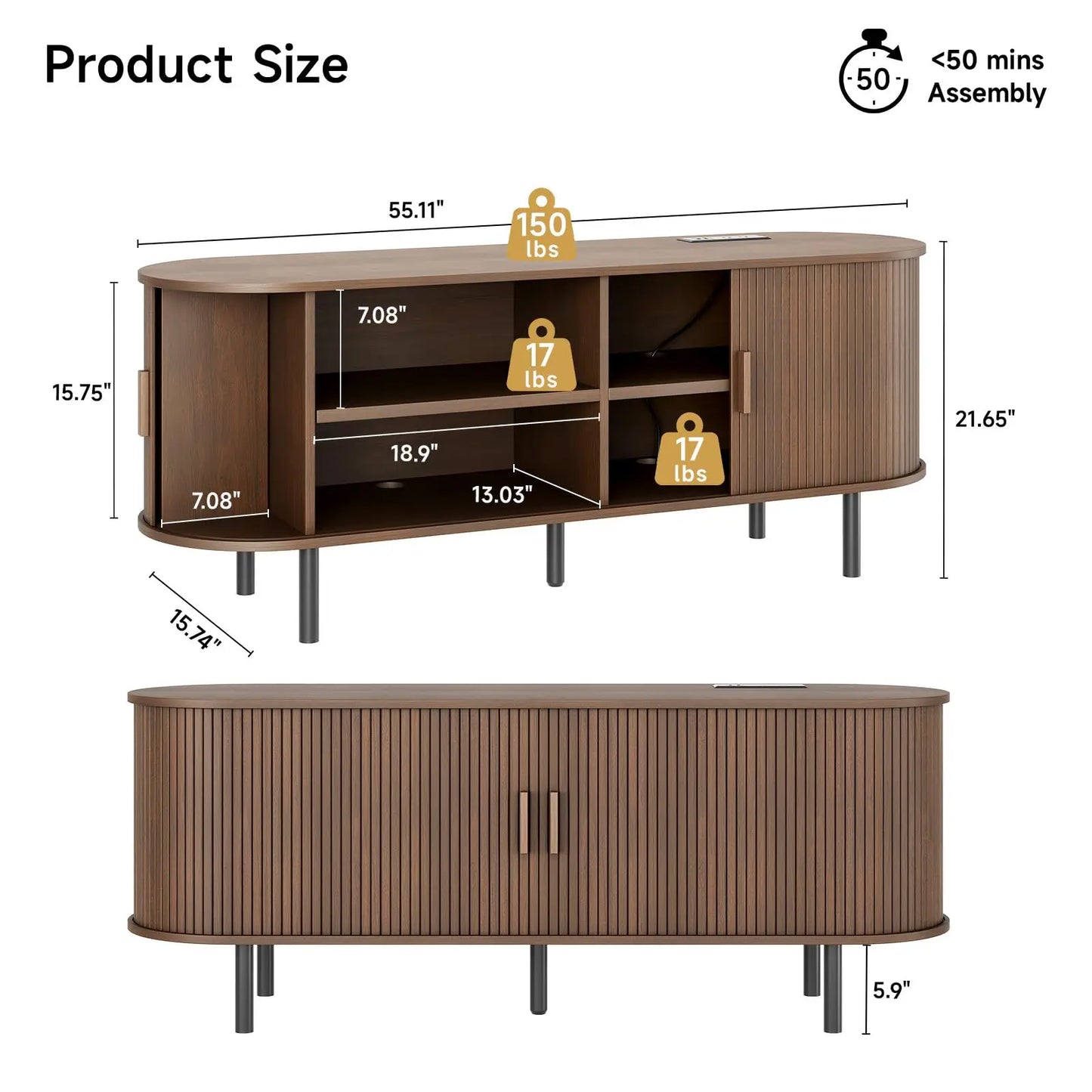 TV Table with Sliding Doors Adjustable Shelves