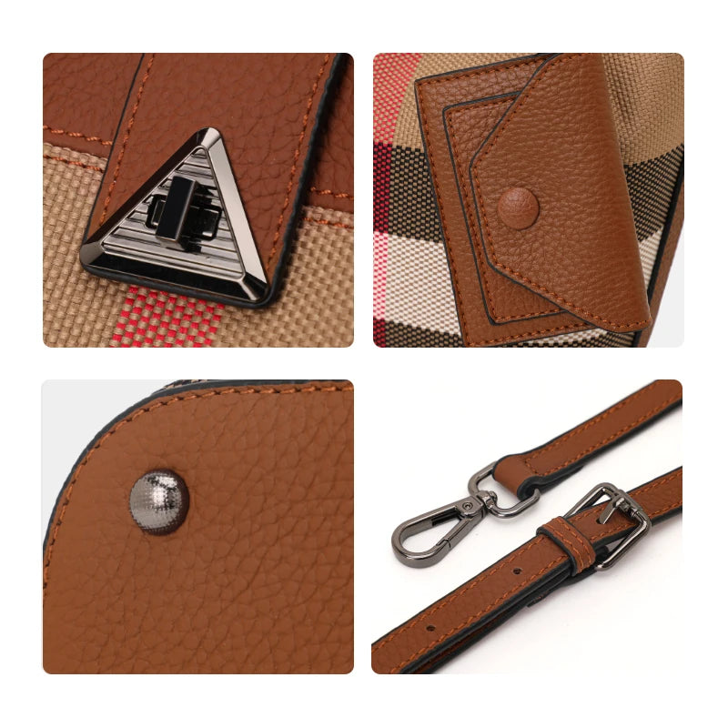 Genuine Leather Canvas Bag Plaid Pattern Women's