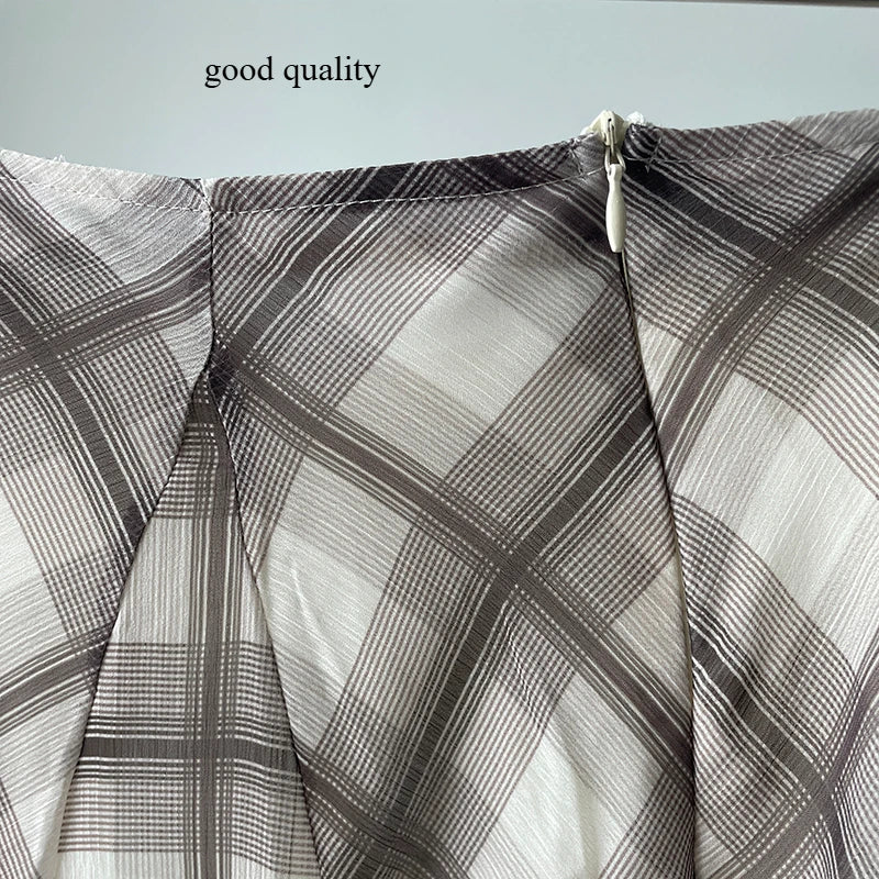 Flowing Check Midi Retro Long Skirt Seaside