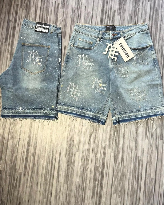 Retro Studded Lettering Denim Shorts Mens and Womens