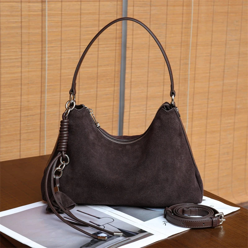 Suede Genuine Leather Crescent Shoulder Bags For Women