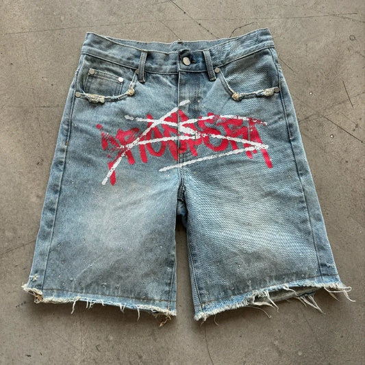 Graffiti Rhinestone Denim Baggy Shorts Men Women
