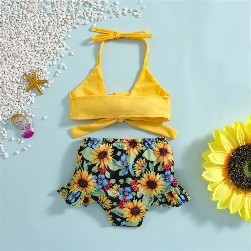 2pcs Bikini Sets Halter Bowknot Tops Floral Ruffle