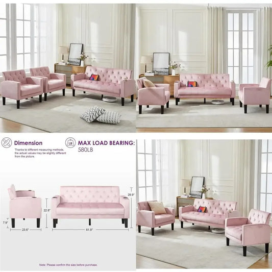 Mid-Century Modern Pink Velvet Loveseat Sofa Set