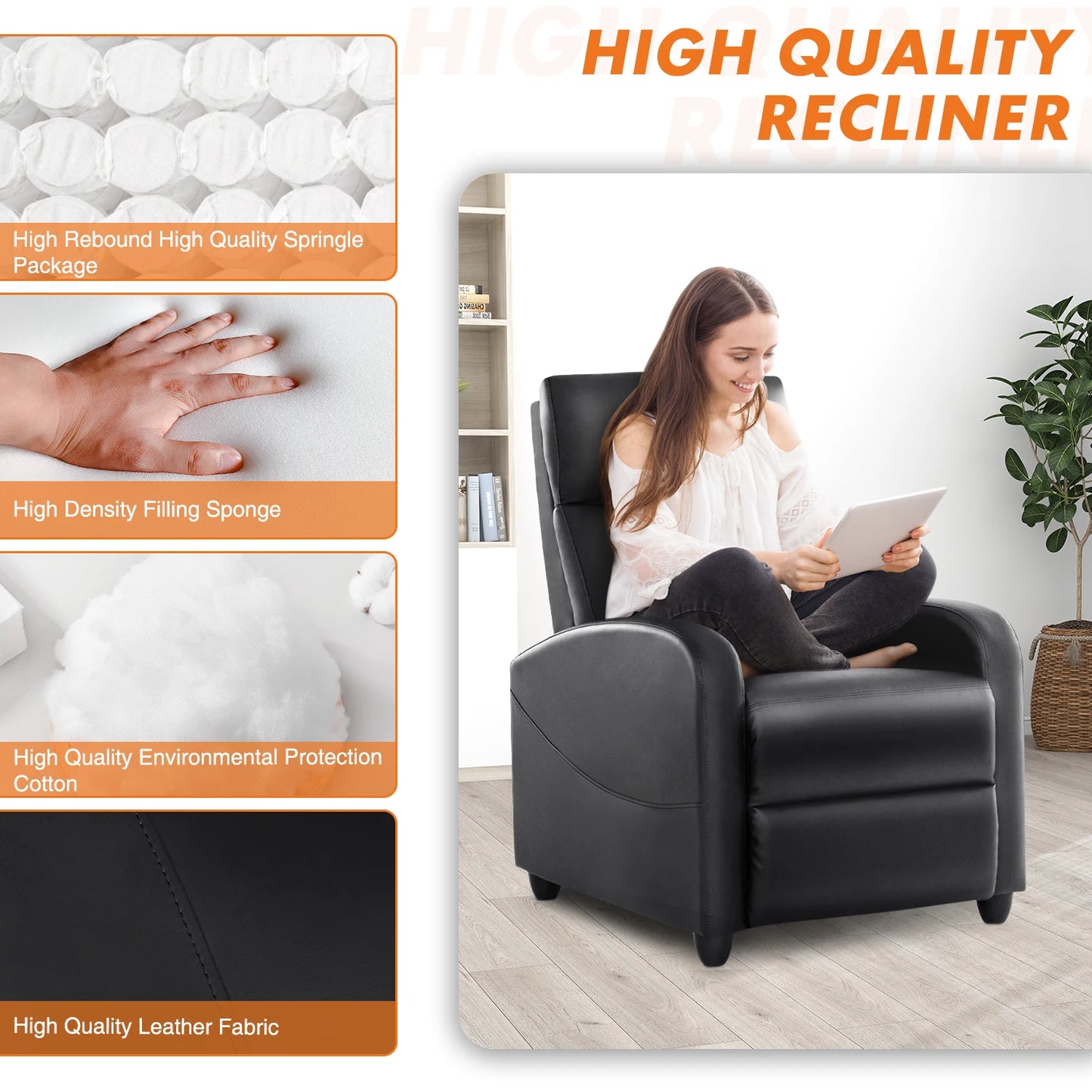 Recliner Chair, Massage, Fabric Adjustable Modern Padded