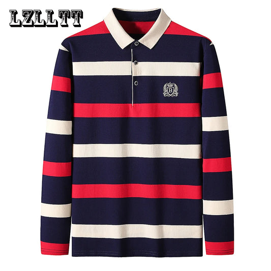 Men Polo Shirt Cotton Long Sleeve Stripe